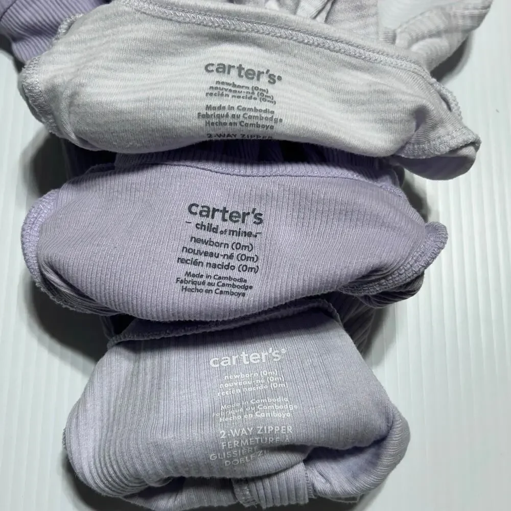 3 Carters NB Newborn Sleepers Purple Lavender Long Sleeve Footed Bunny Lamb